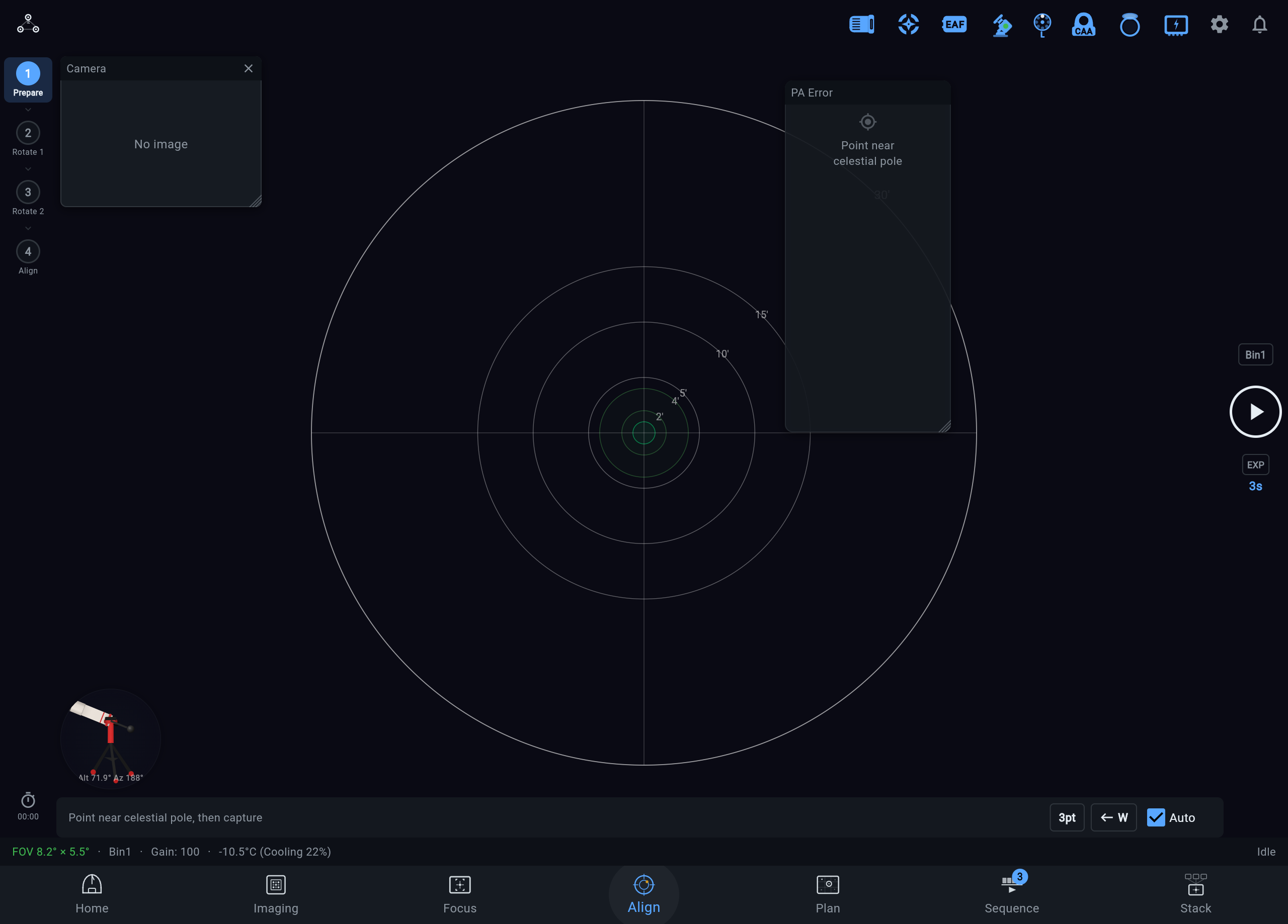 ARIS polar alignment wizard with error readings and polar scope overlay