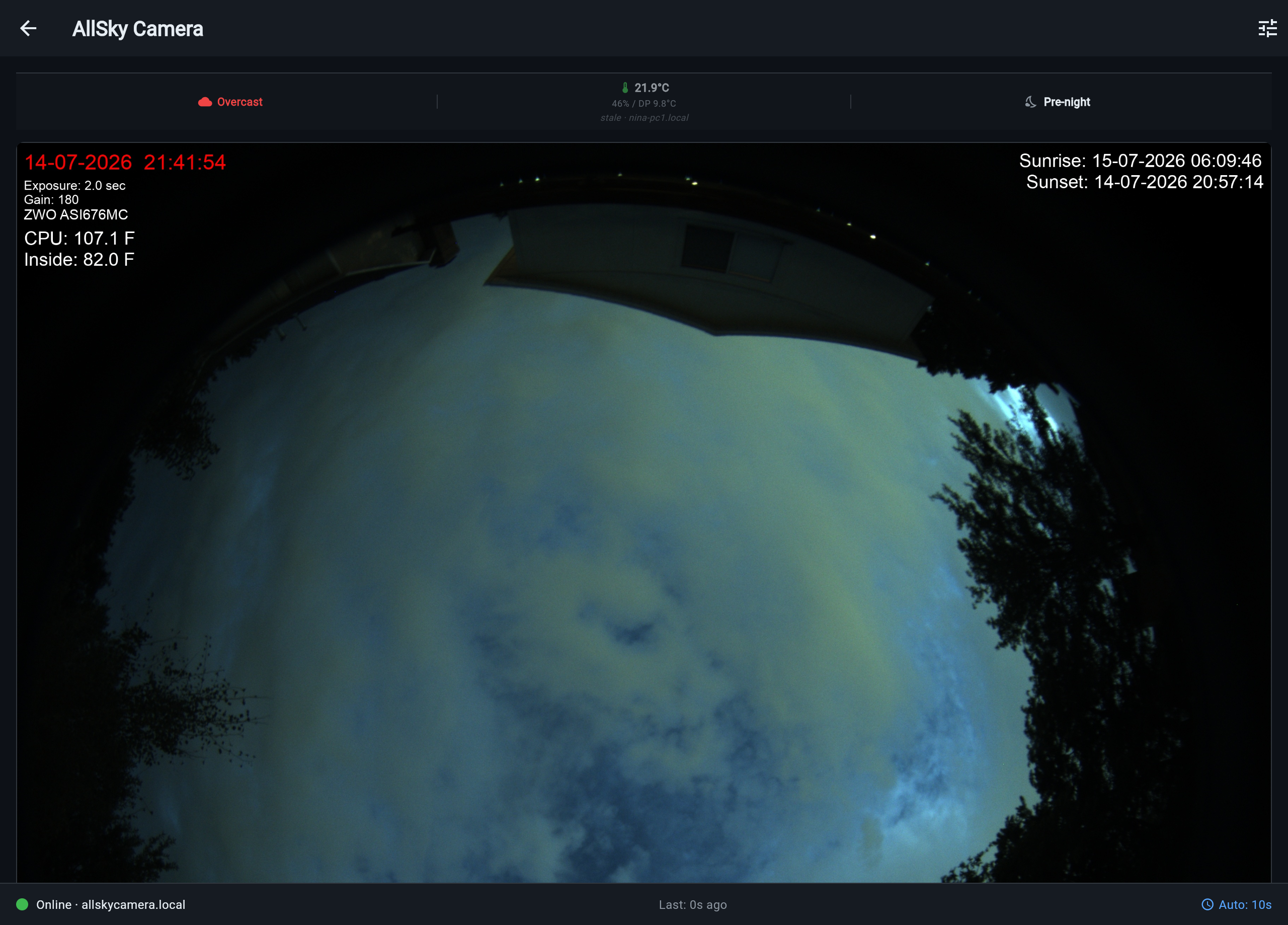 The AllSky screen live at dusk: a conditions strip up top, the full fisheye frame with its capture overlay, and the connection footer reading Online · allskycamera.local -- no address was ever configured