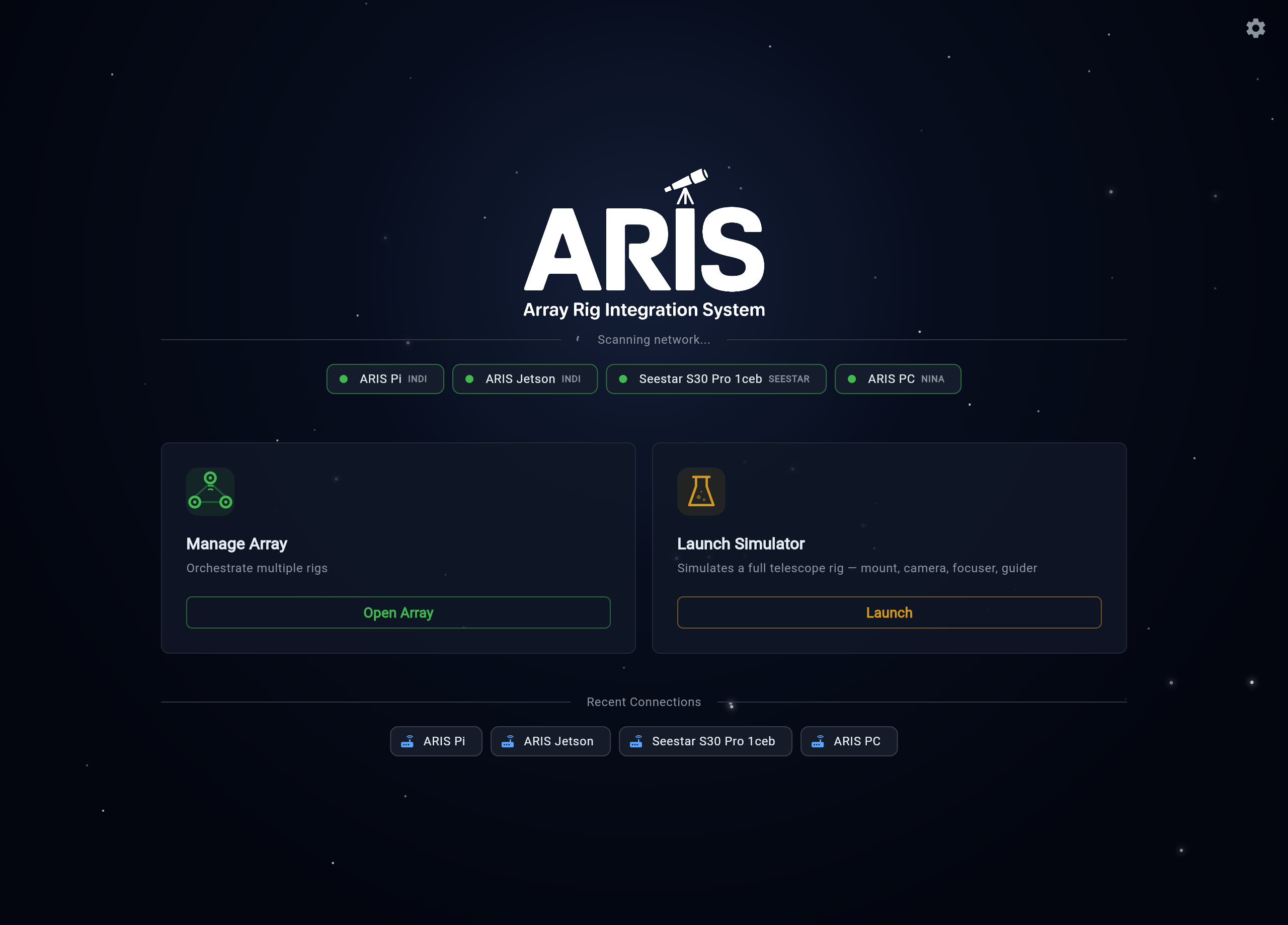 ARIS connection screen showing discovered rigs and simulator launch option