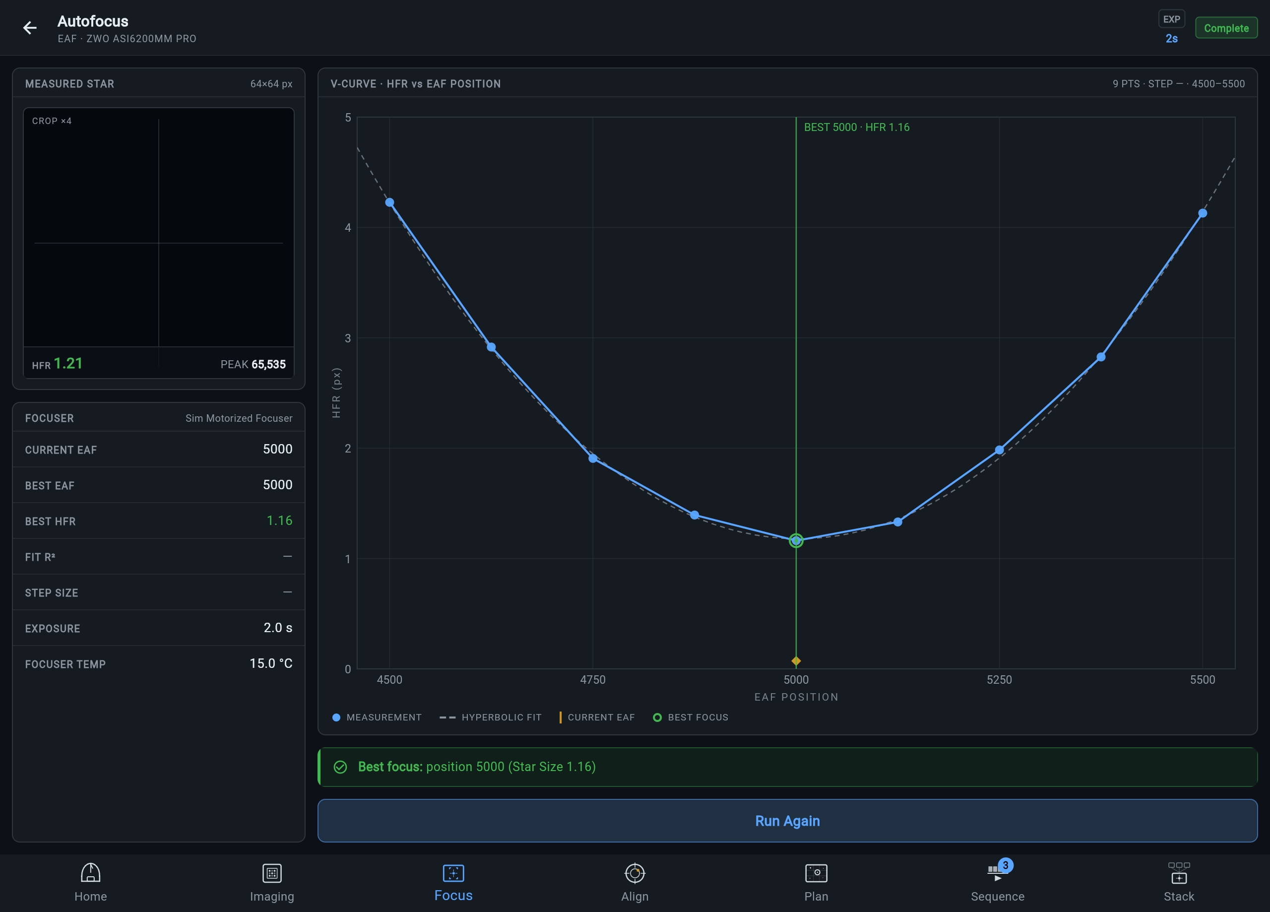 ARIS focus screen with focuser controls and star analysis