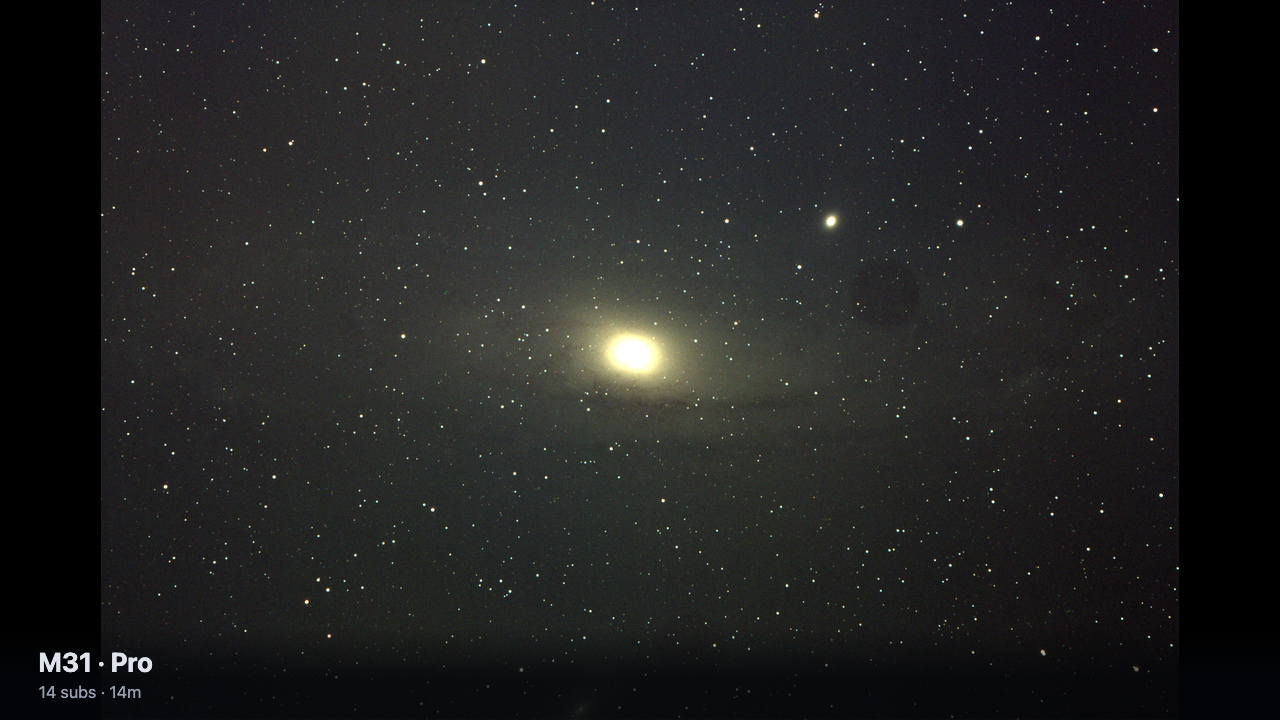 The ARIS telemetry overlay composited over a scene in OBS: a 14-sub live stack of M31 fills the canvas, and the transparent lower third reads M31 · Pro above 14 subs · 14m, lifted off the image by a soft gradient that fades to nothing at the top edge