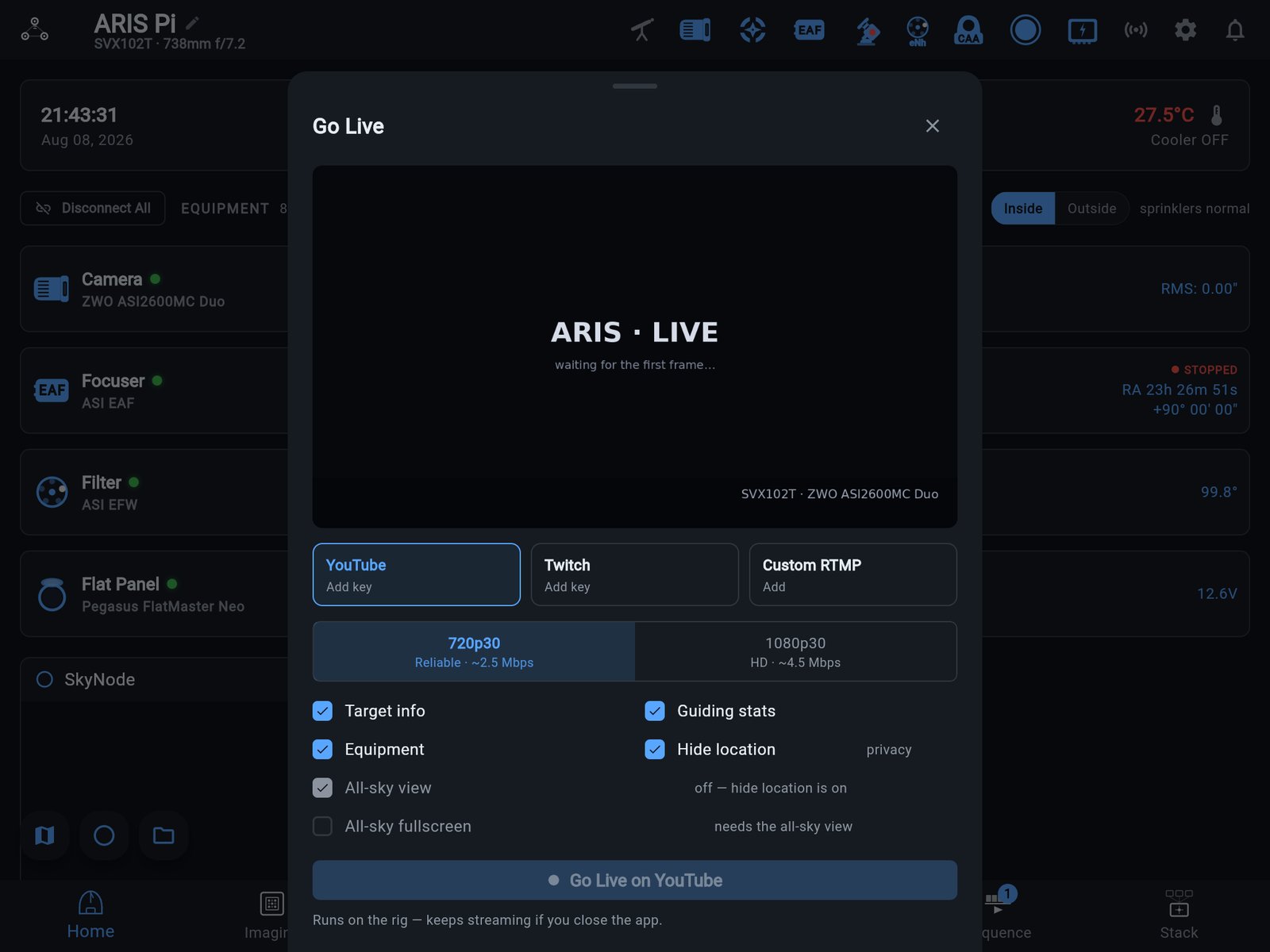 The Go Live sheet on a rig with no stream configured yet: the scene preview waiting for its first frame, destination cards for YouTube, Twitch, and custom RTMP, the 720p30 and 1080p30 quality presets, the overlay toggles including Hide location, and the Go Live button