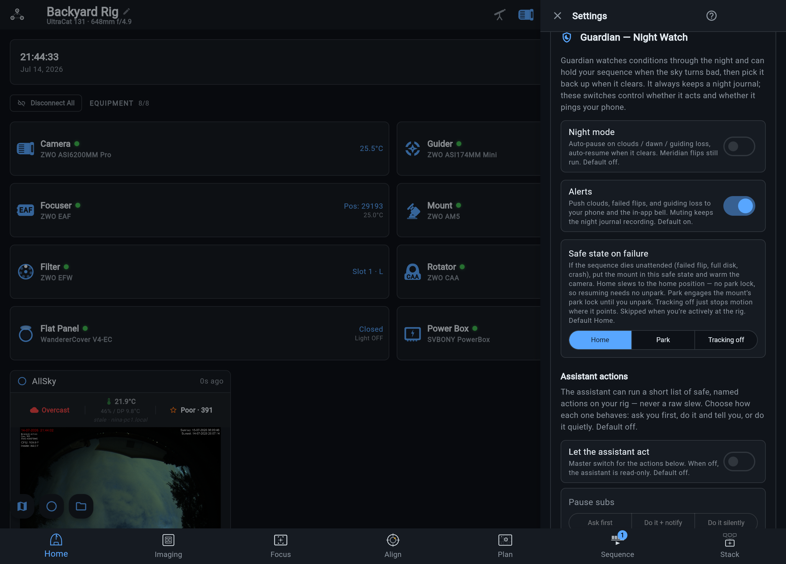 The Guardian card in Settings on a live rig: Night mode and Alerts toggles, the Home / Park / Tracking off safe-state selector, and the assistant-actions playbook switches below