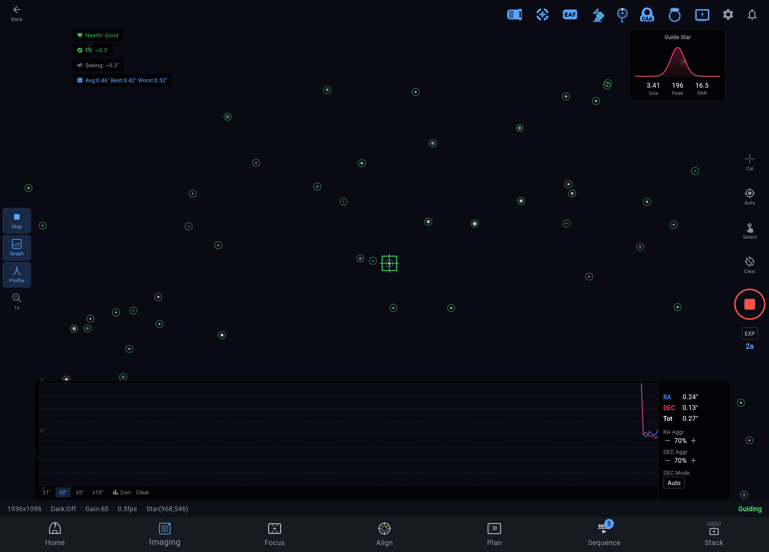 ARIS guiding screen with guide camera view, star selection, and guide graph