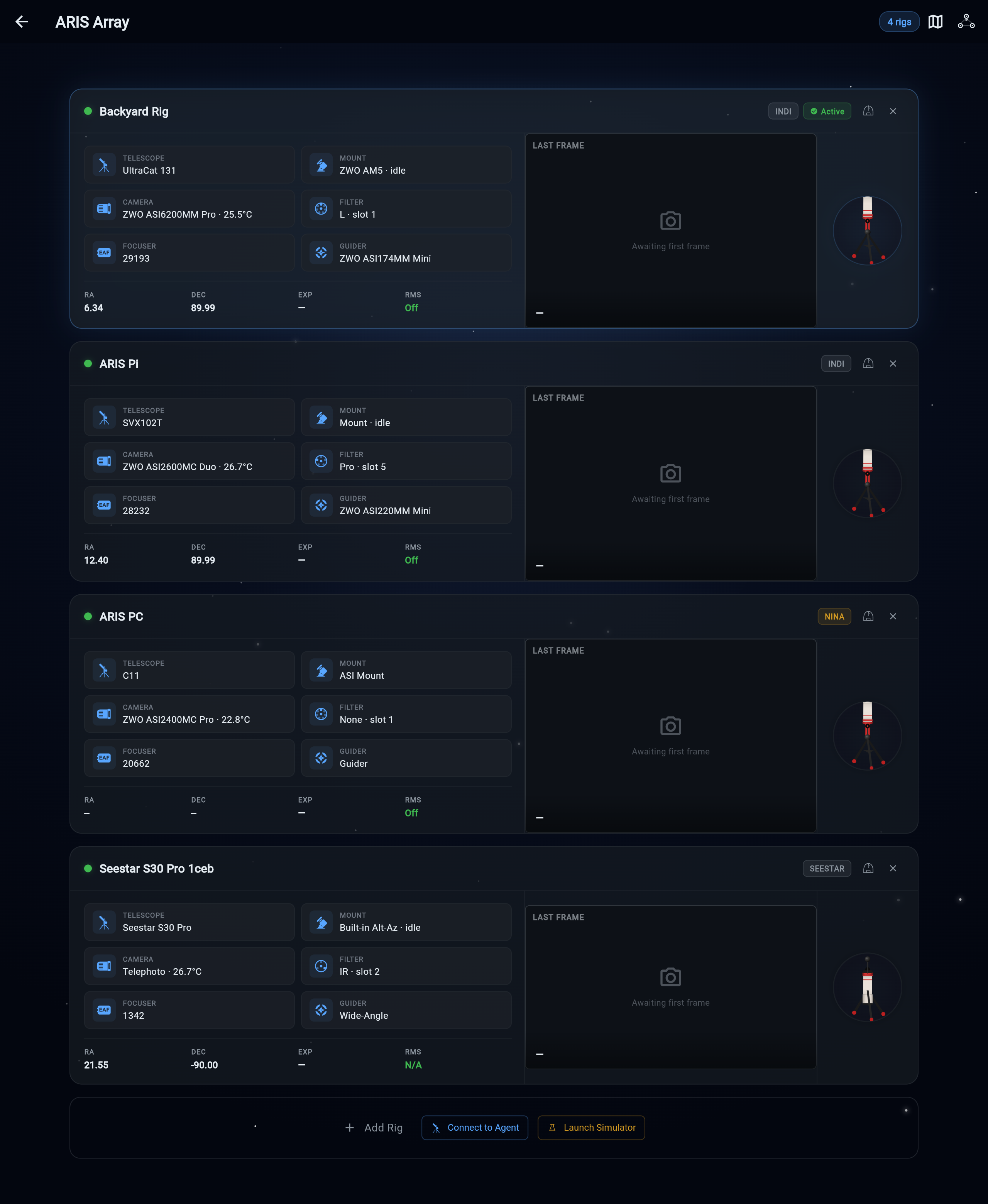 ARIS Array view showing multiple rigs with equipment, coordinates, and last frame