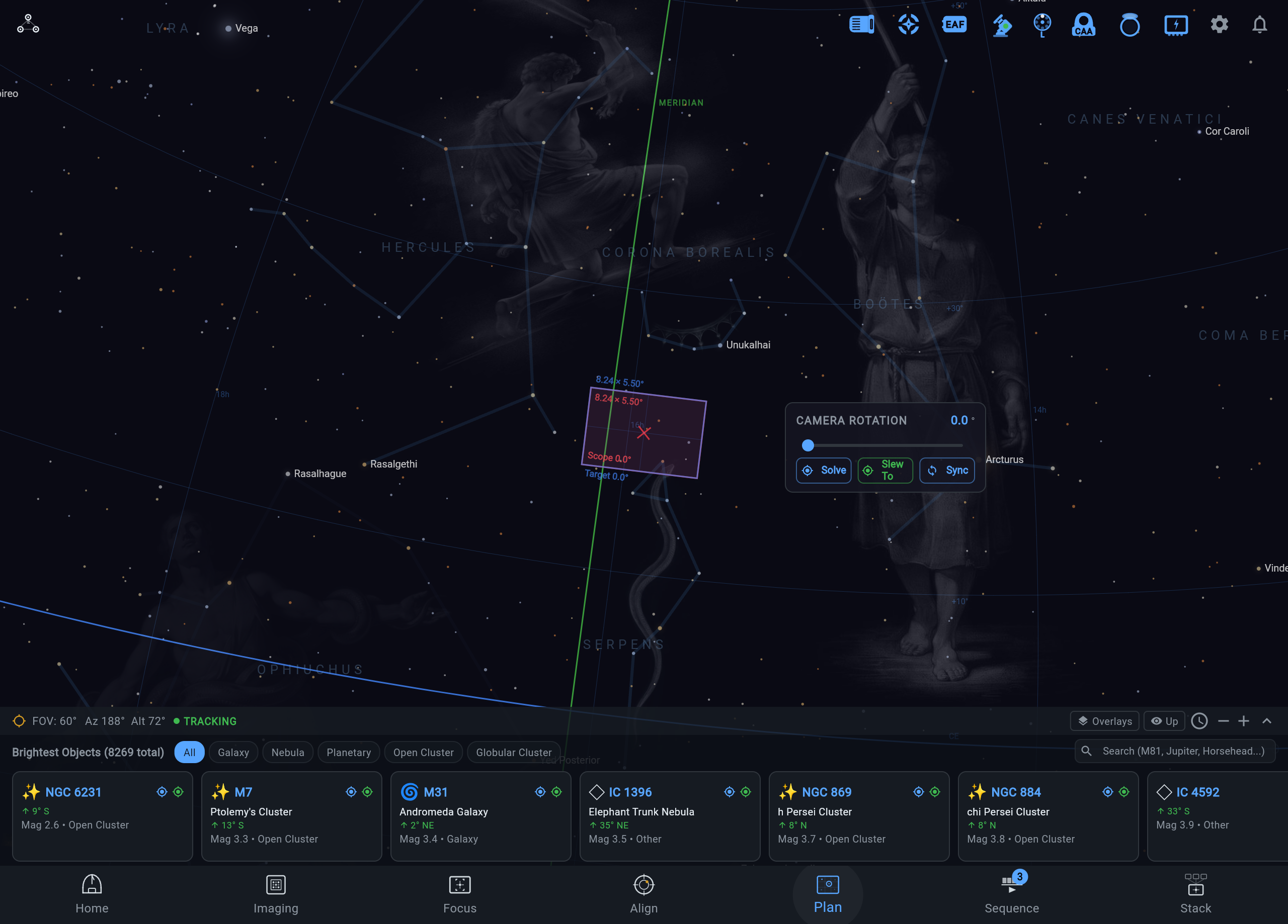 ARIS sky atlas with deep-sky objects, constellations, and Milky Way