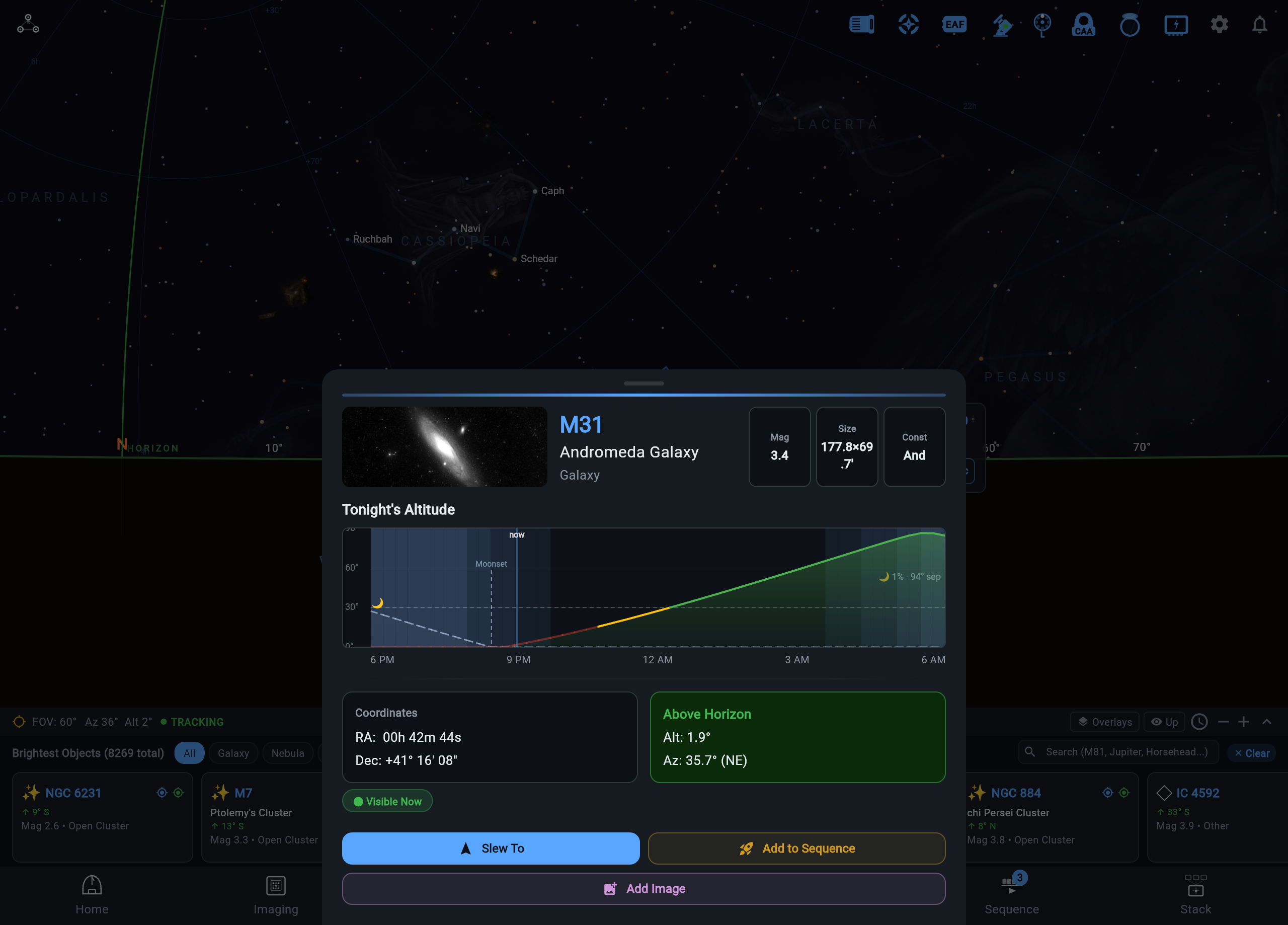 ARIS target detail card with altitude chart, coordinates, and action buttons