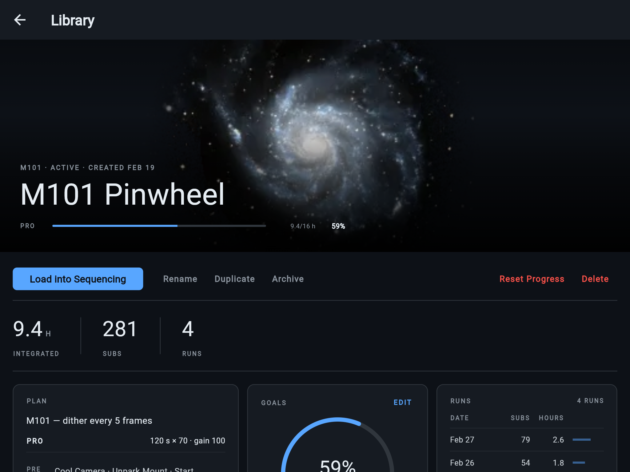 A Sequence Library entry's detail view: the overall goals arc, per-filter hour meters, the saved plan summary, and the run ledger listing each night's frames and integration