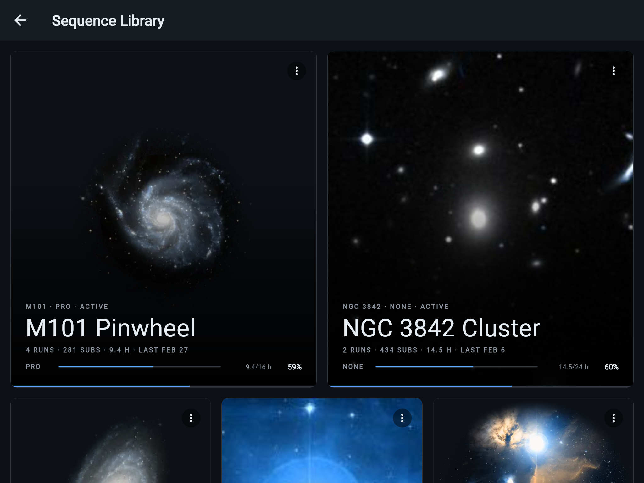 The Sequence Library gallery: photo-first tiles with per-filter progress meters, an overall progress underline on each tile, and a LIVE chip on the entry currently running