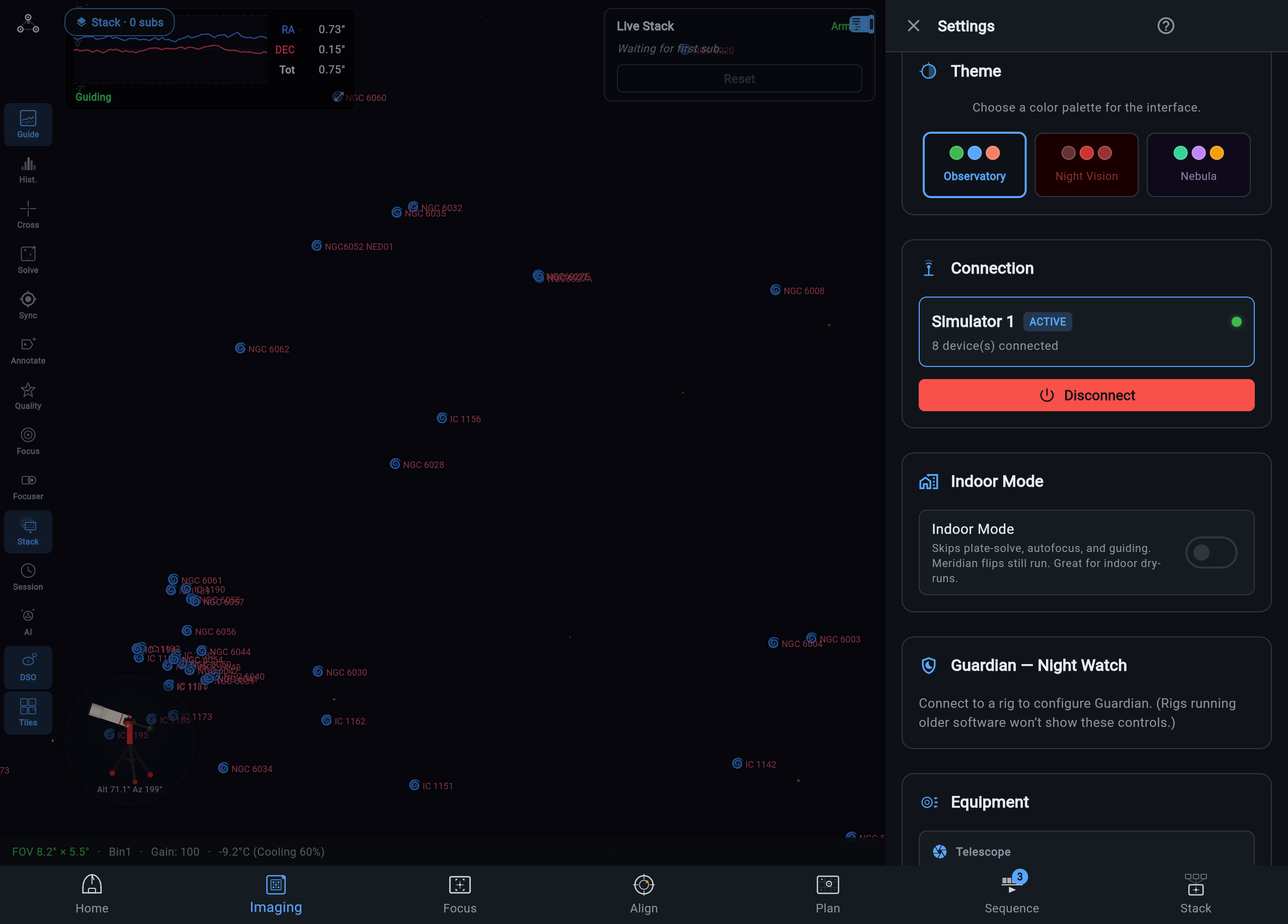ARIS settings screen with account, theme, and configuration options