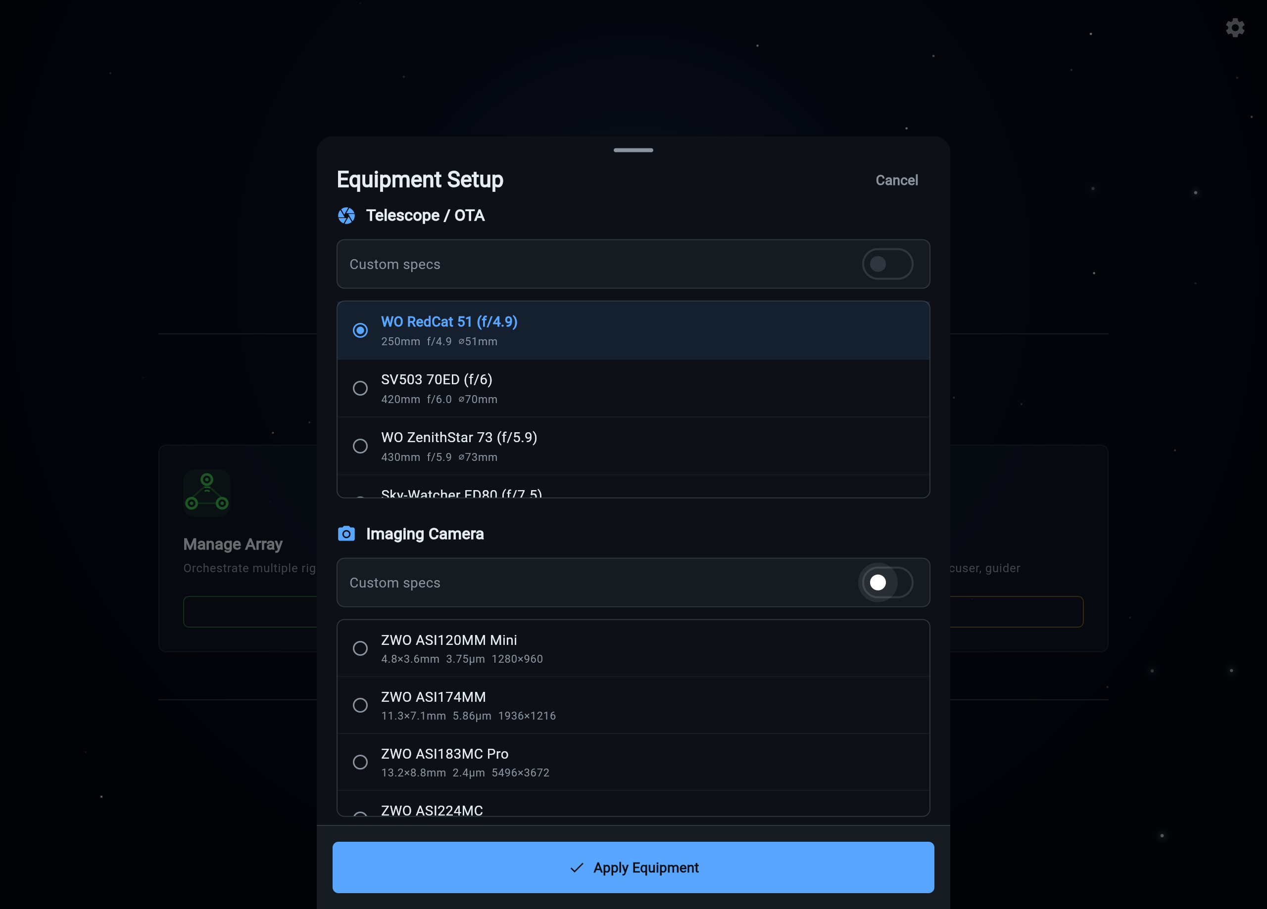 Equipment setup dialog with telescope and camera selection